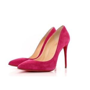 Christian Louboutin Piagelle Follies 100 Pumps Pink Suede Pointed Toe Heels 37